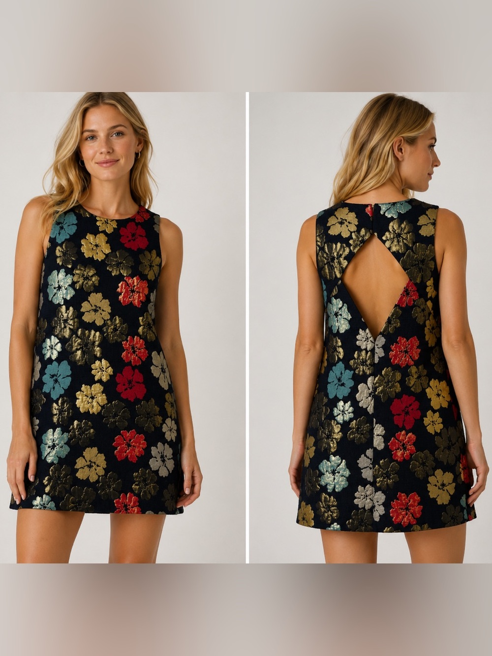 Cooperative Black Sleeveless Mini Dress with Red, Gold & Aqua Floral Jacquard